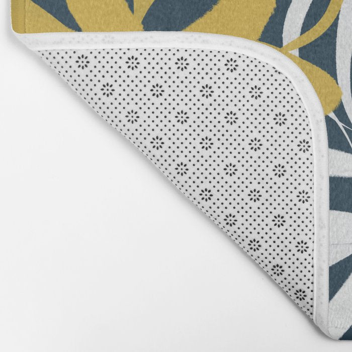 Lotus Garden Painted Floral Pattern in Light Mustard, White, and Gray on Navy Blue Bath Mat Gallery Image 2