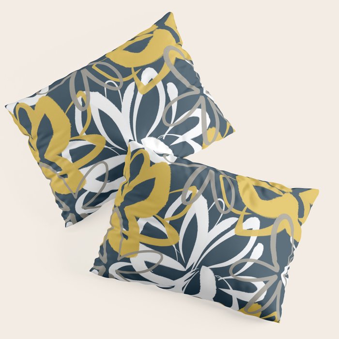 Lotus Garden Painted Floral Pattern in Light Mustard, White, and Gray on Navy Blue Pillow Sham Gallery Image 1