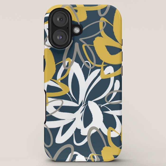 Lotus Garden Painted Floral Pattern in Light Mustard, White, and Gray on Navy Blue iPhone Case Gallery Image 5