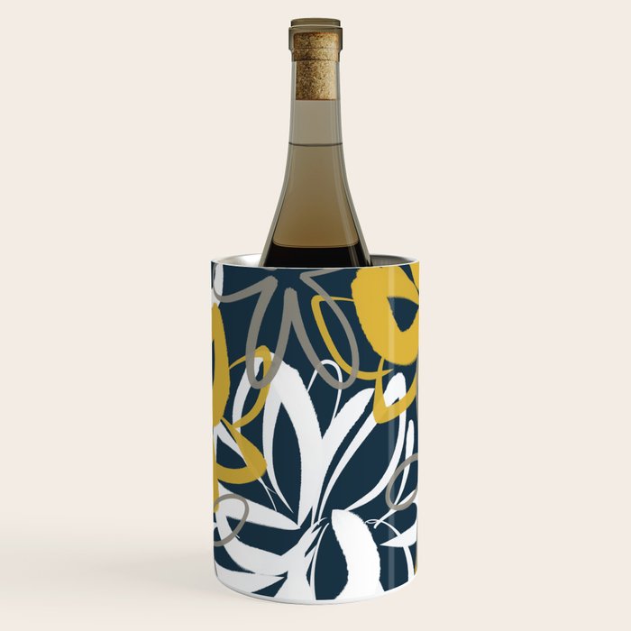 Lotus Garden Painted Floral Pattern in Light Mustard, White, and Gray on Navy Blue Wine Chiller Gallery Image 1