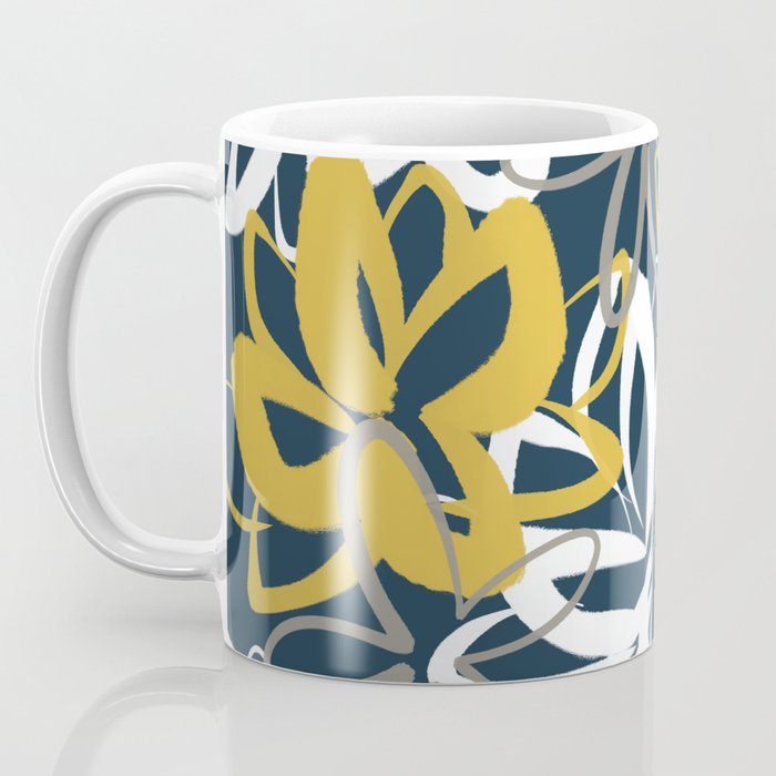 Lotus Garden Painted Floral Pattern in Light Mustard, White, and Gray on Navy Blue Coffee Mug Gallery Image 3