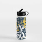 Lotus Garden Painted Floral Pattern in Light Mustard, White, and Gray on Navy Blue Water Bottle Gallery Image 1