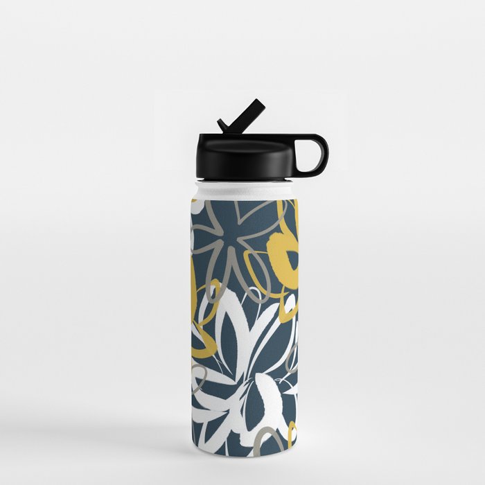 Lotus Garden Painted Floral Pattern in Light Mustard, White, and Gray on Navy Blue Water Bottle Gallery Image 1