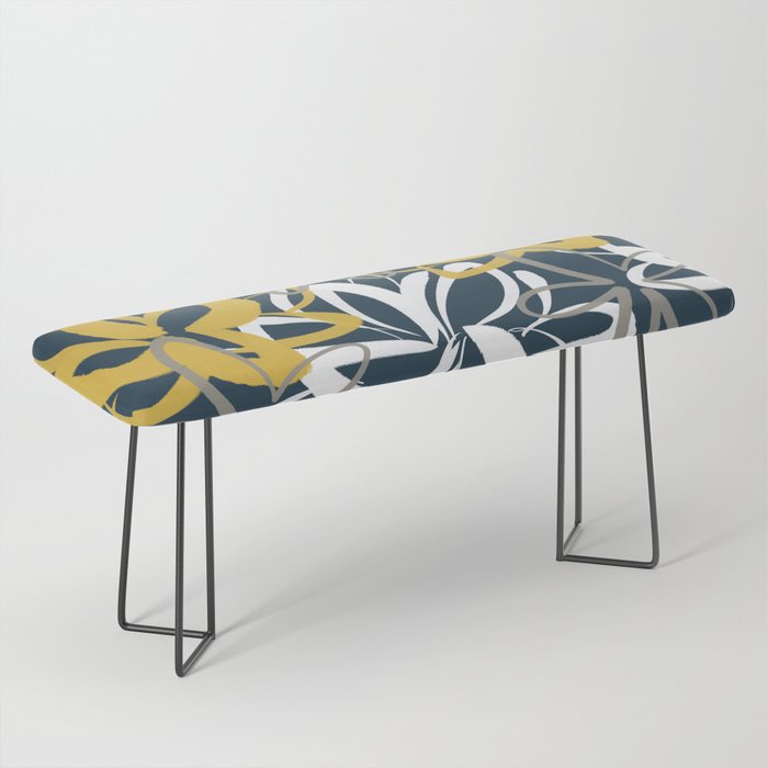 Lotus Garden Painted Floral Pattern in Light Mustard, White, and Gray on Navy Blue Bench Gallery Image 1