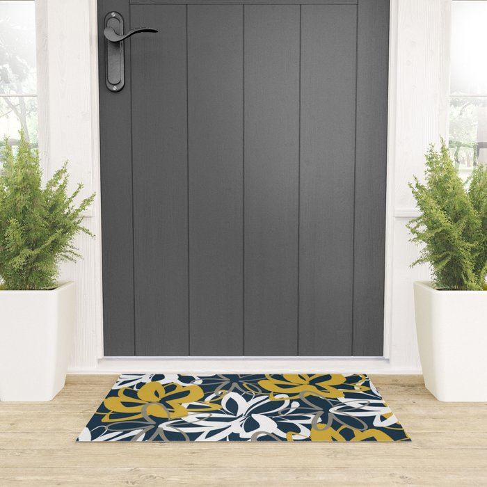 Lotus Garden Painted Floral Pattern in Light Mustard, White, and Gray on Navy Blue Welcome Mat Gallery Image 3