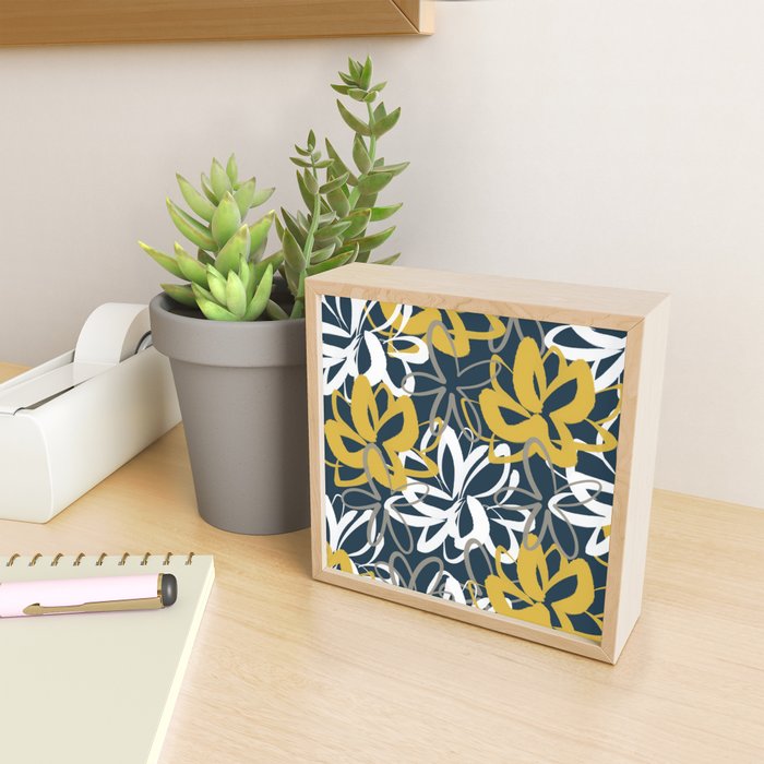 Lotus Garden Painted Floral Pattern in Light Mustard, White, and Gray on Navy Blue Mini Art Print Gallery Image 2