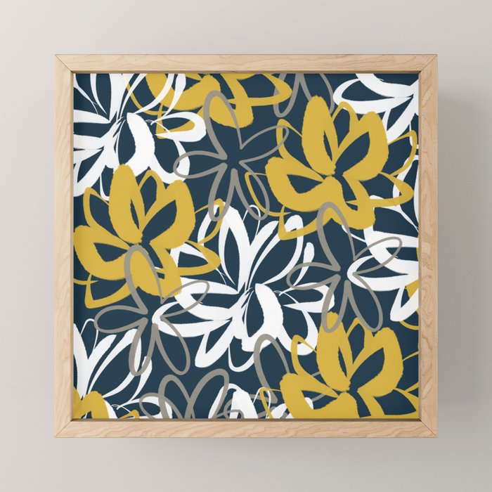 Lotus Garden Painted Floral Pattern in Light Mustard, White, and Gray on Navy Blue Mini Art Print Gallery Image 1