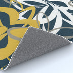 Lotus Garden Painted Floral Pattern in Light Mustard, White, and Gray on Navy Blue Rug Gallery Image 4