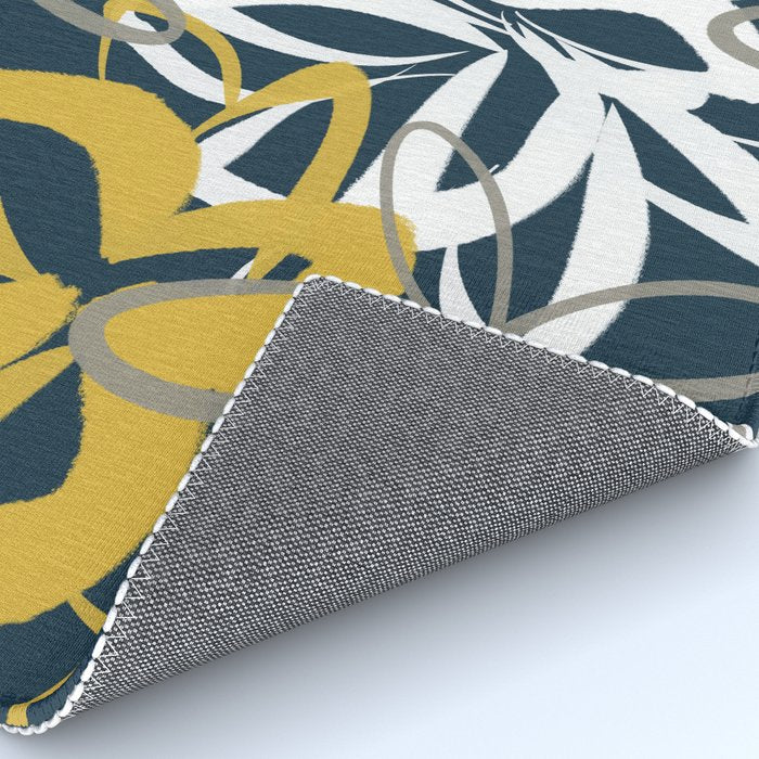 Lotus Garden Painted Floral Pattern in Light Mustard, White, and Gray on Navy Blue Rug Gallery Image 4