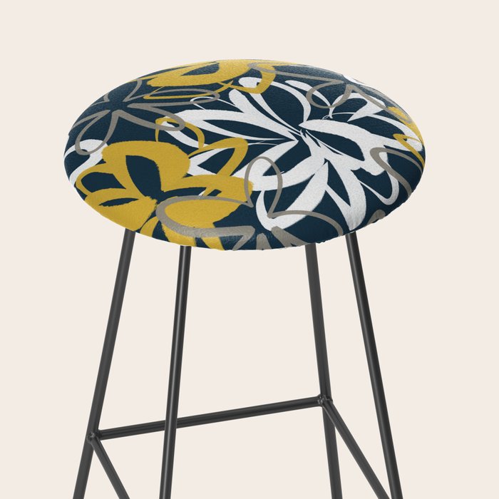 Lotus Garden Painted Floral Pattern in Light Mustard, White, and Gray on Navy Blue Stool Gallery Image 2