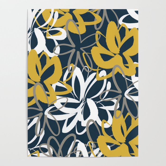 Lotus Garden Painted Floral Pattern in Light Mustard, White, and Gray on Navy Blue Poster Gallery Image 4