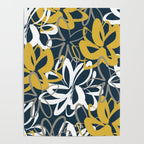 Lotus Garden Painted Floral Pattern in Light Mustard, White, and Gray on Navy Blue Poster Gallery Image 4