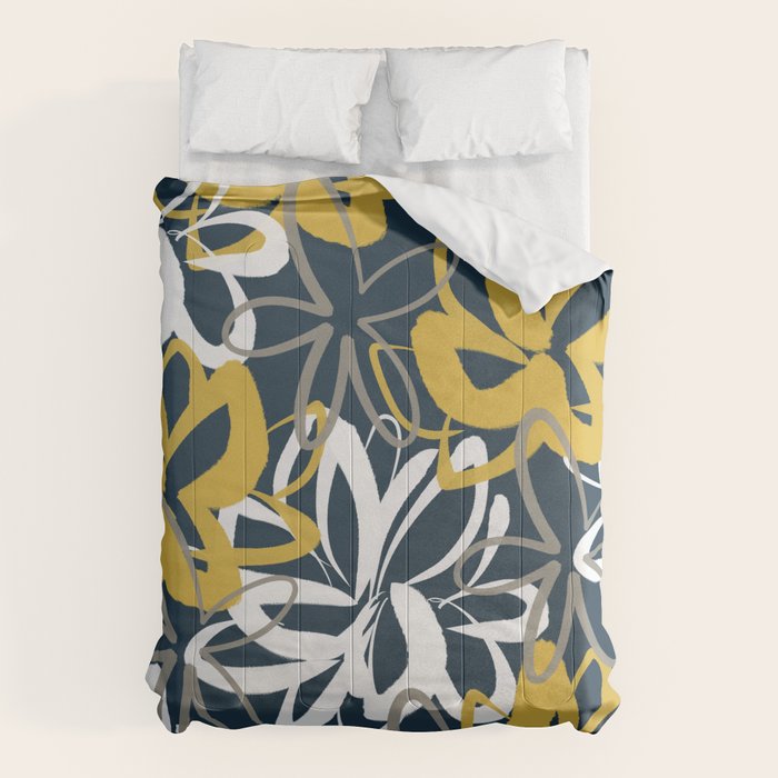 Lotus Garden Painted Floral Pattern in Light Mustard, White, and Gray on Navy Blue Comforter Gallery Image 6