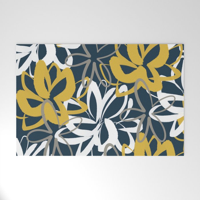 Lotus Garden Painted Floral Pattern in Light Mustard, White, and Gray on Navy Blue Welcome Mat Gallery Image 1