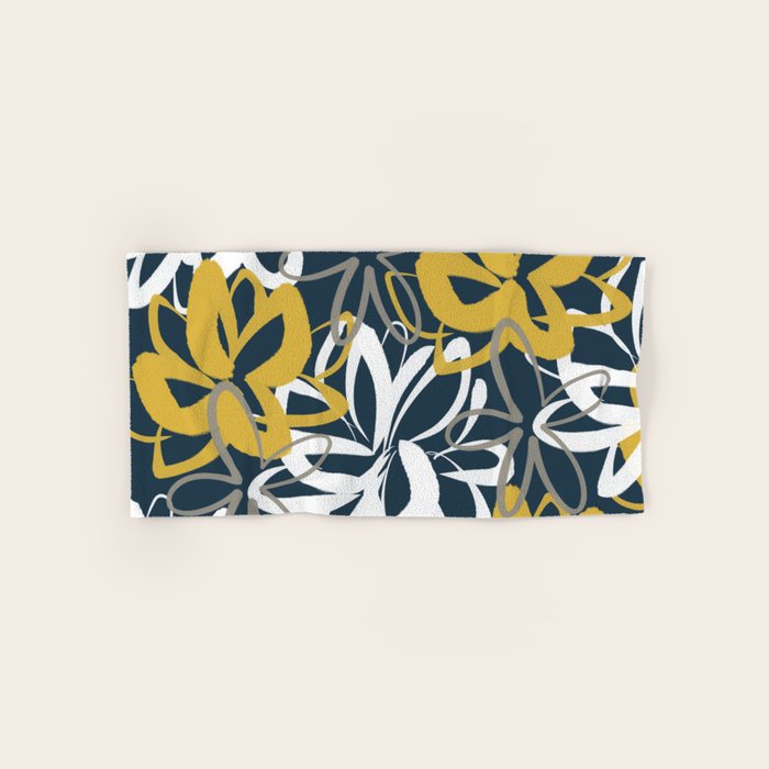 Lotus Garden Painted Floral Pattern in Light Mustard, White, and Gray on Navy Blue Bath Towel Gallery Image 1