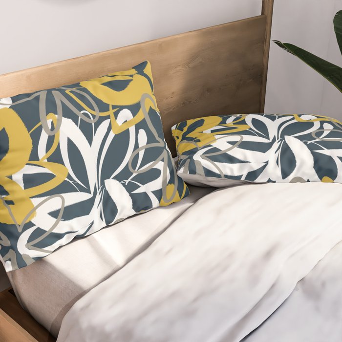 Lotus Garden Painted Floral Pattern in Light Mustard, White, and Gray on Navy Blue Pillow Sham Gallery Image 2