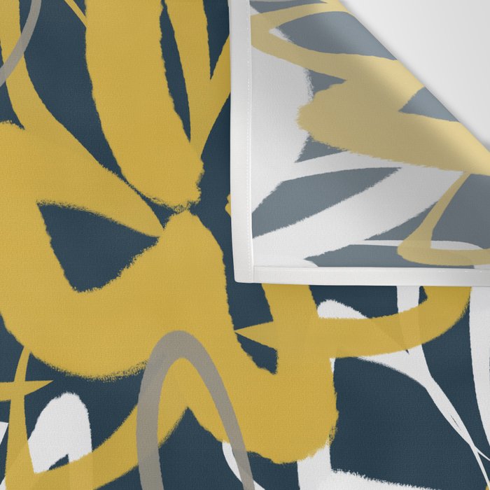 Lotus Garden Painted Floral Pattern in Light Mustard, White, and Gray on Navy Blue Wall Tapestry Gallery Image 3