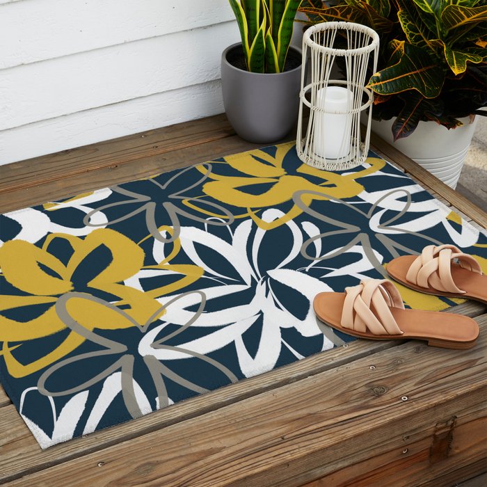Lotus Garden Painted Floral Pattern in Light Mustard, White, and Gray on Navy Blue Outdoor Rug Gallery Image 2