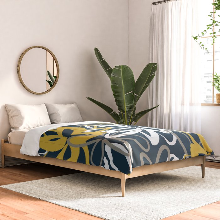 Lotus Garden Painted Floral Pattern in Light Mustard, White, and Gray on Navy Blue Comforter Gallery Image 2