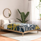 Lotus Garden Painted Floral Pattern in Light Mustard, White, and Gray on Navy Blue Comforter Gallery Image 2