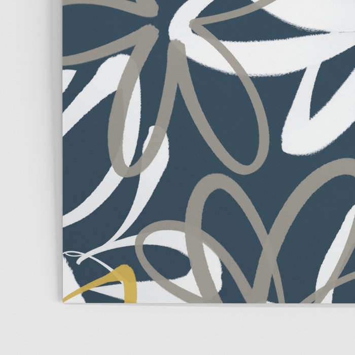 Lotus Garden Painted Floral Pattern in Light Mustard, White, and Gray on Navy Blue Poster Gallery Image 3