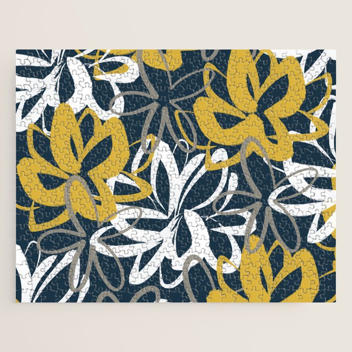 Lotus Garden Painted Floral Pattern in Light Mustard, White, and Gray on Navy Blue Jigsaw Puzzle Gallery Image 1