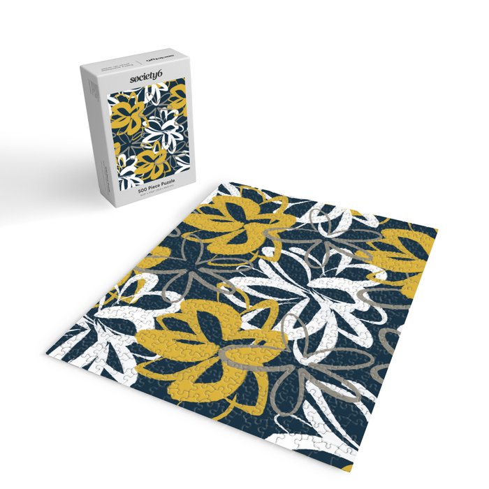 Lotus Garden Painted Floral Pattern in Light Mustard, White, and Gray on Navy Blue Jigsaw Puzzle Gallery Image 2