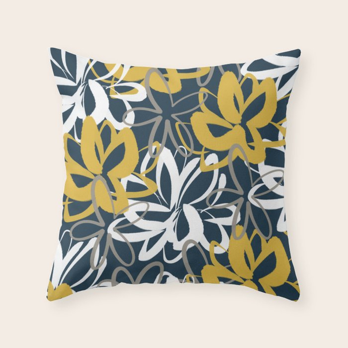 Lotus Garden Painted Floral Pattern in Light Mustard, White, and Gray on Navy Blue Throw Pillow Gallery Image 6