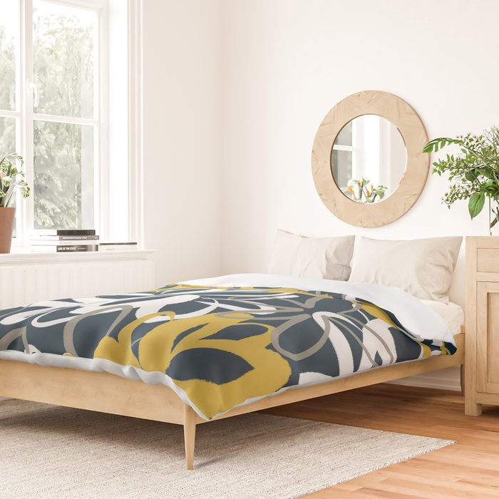 Lotus Garden Painted Floral Pattern in Light Mustard, White, and Gray on Navy Blue Duvet Cover Gallery Image 2