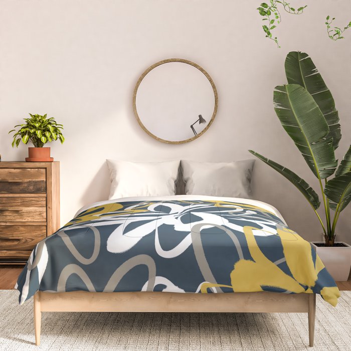 Lotus Garden Painted Floral Pattern in Light Mustard, White, and Gray on Navy Blue Comforter Gallery Image 3
