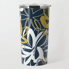 Lotus Garden Painted Floral Pattern in Light Mustard, White, and Gray on Navy Blue Travel Mug Gallery Image 1