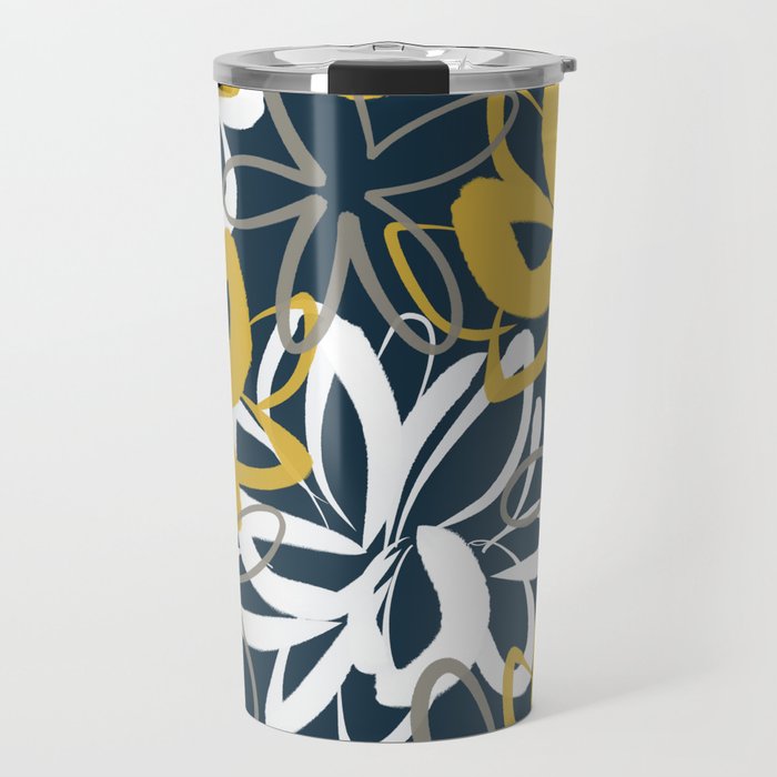 Lotus Garden Painted Floral Pattern in Light Mustard, White, and Gray on Navy Blue Travel Mug Gallery Image 1
