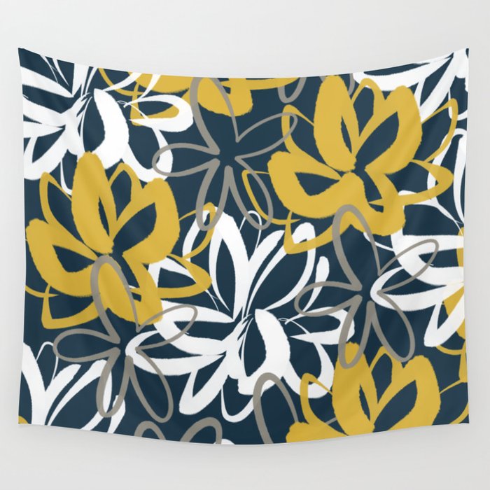 Lotus Garden Painted Floral Pattern in Light Mustard, White, and Gray on Navy Blue Wall Tapestry Gallery Image 1
