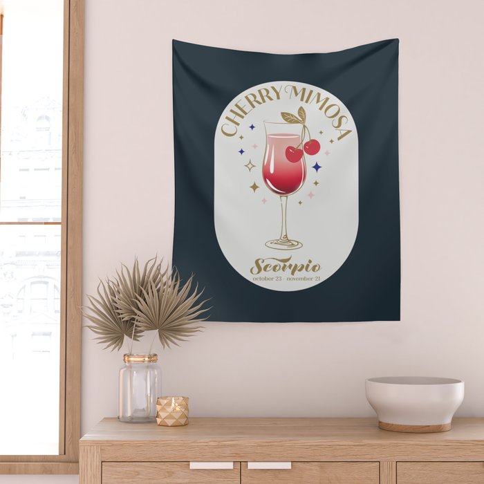 Cherry Mimosa Cocktail Zodiac Sign Wall Tapestry Gallery Image 2