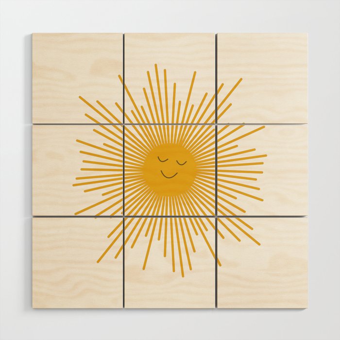 Contented Sun Cute Mustard Yellow Sunburst Wood Wall Art Gallery Image 1