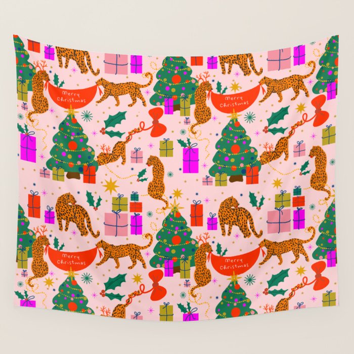 Modern abstract festive leopards in Christmas party Wall Tapestry Gallery Image 4