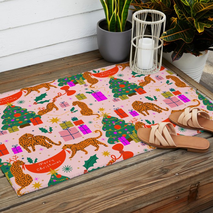 Modern abstract festive leopards in Christmas party Outdoor Rug Gallery Image 2