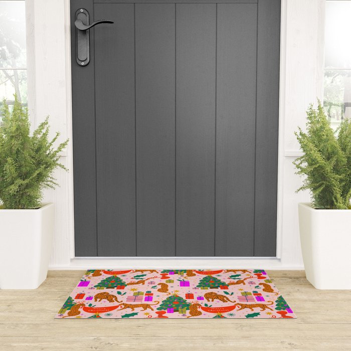 Modern abstract festive leopards in Christmas party Welcome Mat Gallery Image 3