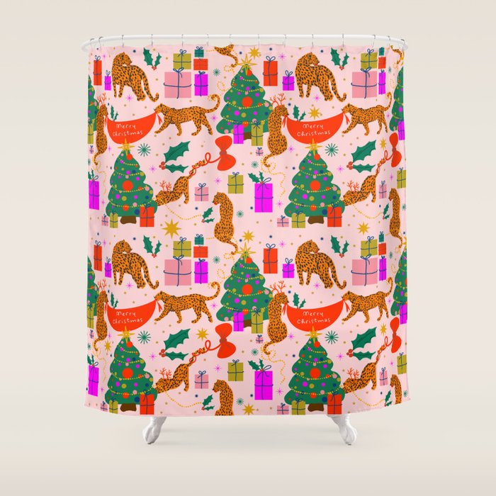 Modern abstract festive leopards in Christmas party Shower Curtain Gallery Image 1