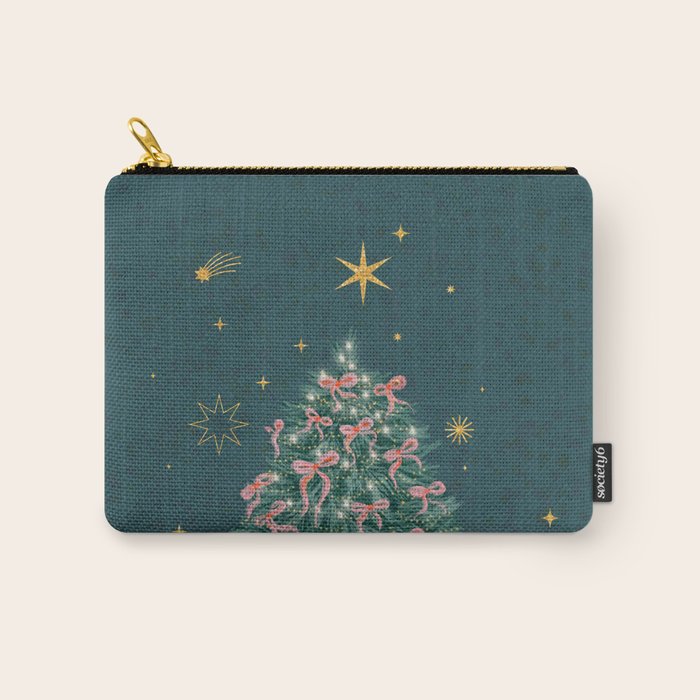 Elegant Christmas Tree with Pink Bows and Golden Stars on Deep Teal Carry All Pouch Gallery Image 1