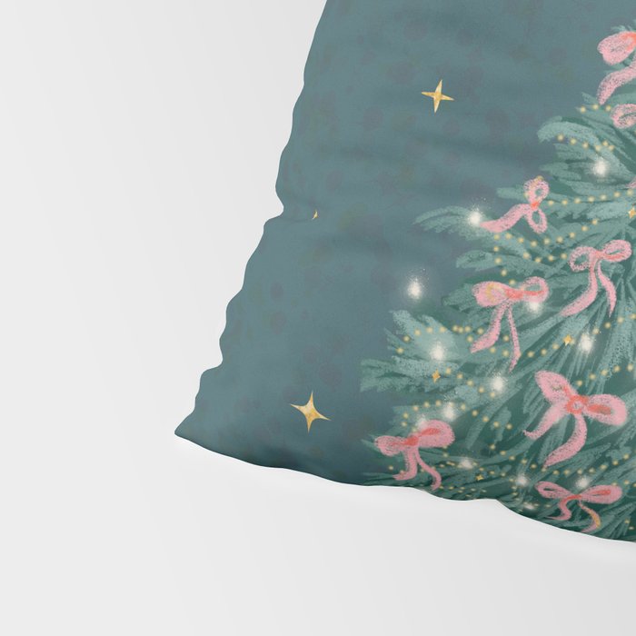 Elegant Christmas Tree with Pink Bows and Golden Stars on Deep Teal Pillow Sham Gallery Image 4