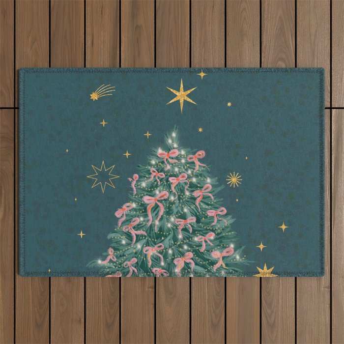 Elegant Christmas Tree with Pink Bows and Golden Stars on Deep Teal Outdoor Rug Gallery Image 1