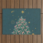 Elegant Christmas Tree with Pink Bows and Golden Stars on Deep Teal Outdoor Rug Gallery Image 1