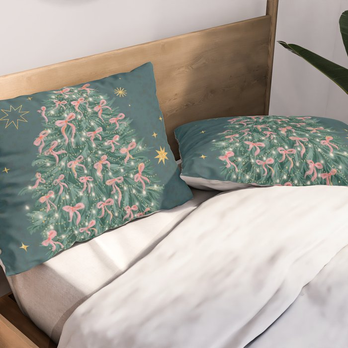 Elegant Christmas Tree with Pink Bows and Golden Stars on Deep Teal Pillow Sham Gallery Image 2