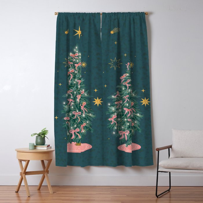 Elegant Christmas Tree with Pink Bows and Golden Stars on Deep Teal Window Curtain Gallery Image 1