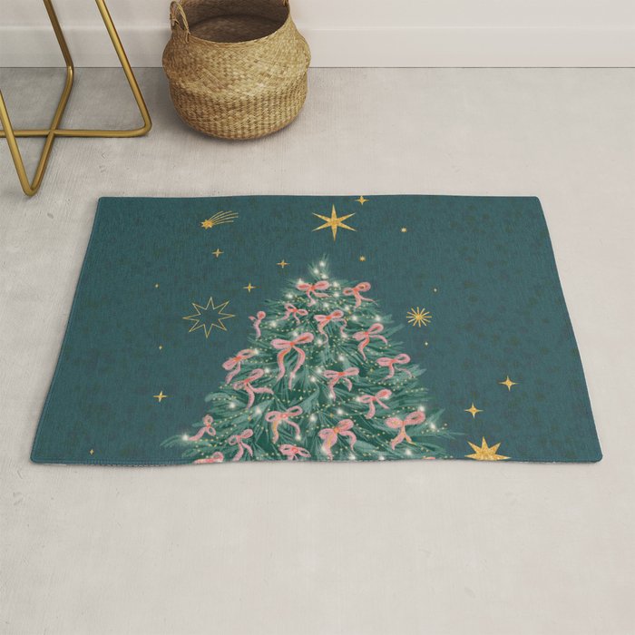 Elegant Christmas Tree with Pink Bows and Golden Stars on Deep Teal Rug Gallery Image 1