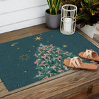 Elegant Christmas Tree with Pink Bows and Golden Stars on Deep Teal Outdoor Rug Gallery Image 2