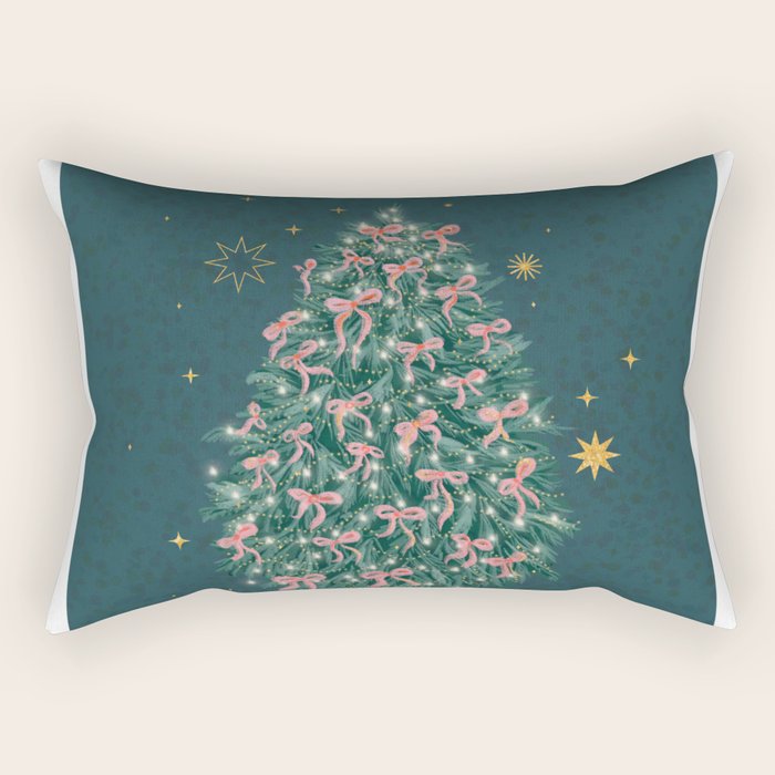 Elegant Christmas Tree with Pink Bows and Golden Stars on Deep Teal Rectangular Pillow Gallery Image 2
