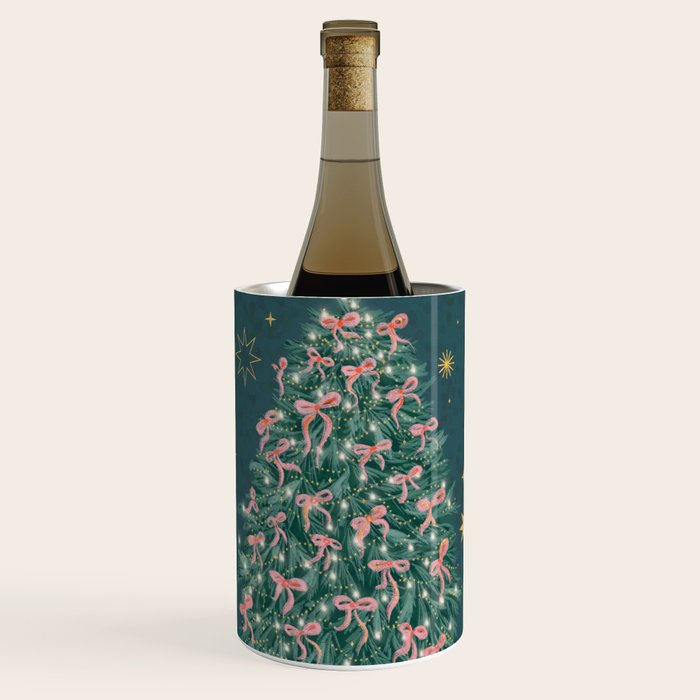 Elegant Christmas Tree with Pink Bows and Golden Stars on Deep Teal Wine Chiller Gallery Image 1