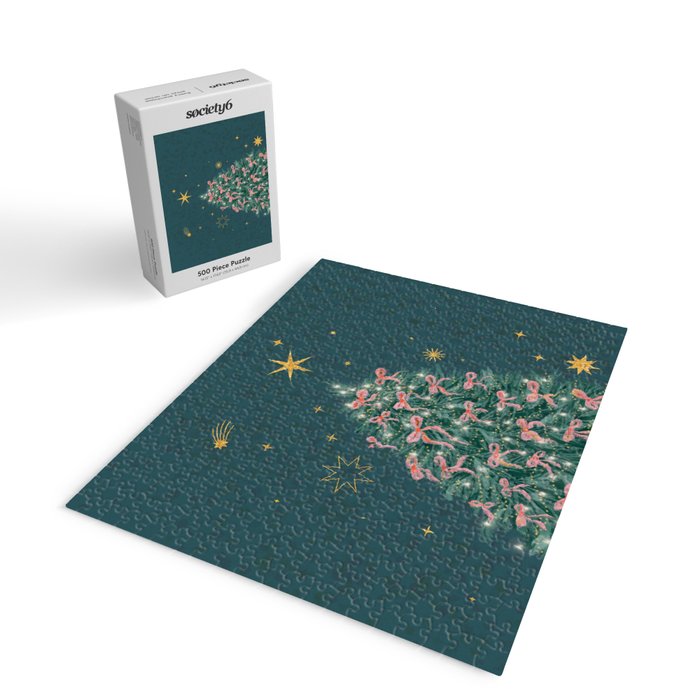 Elegant Christmas Tree with Pink Bows and Golden Stars on Deep Teal Jigsaw Puzzle Gallery Image 2